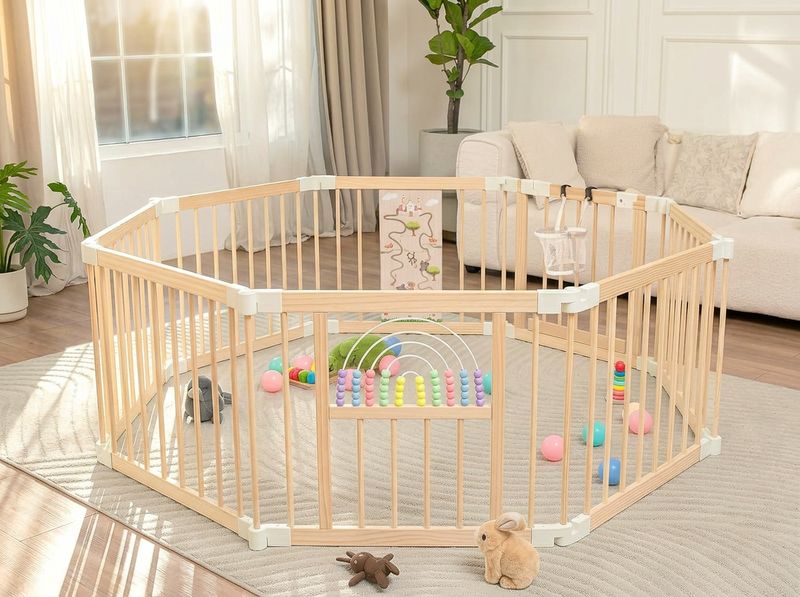 Parent demonstrating one-handed door open on the Ulnxiy 56-inch wooden playpen