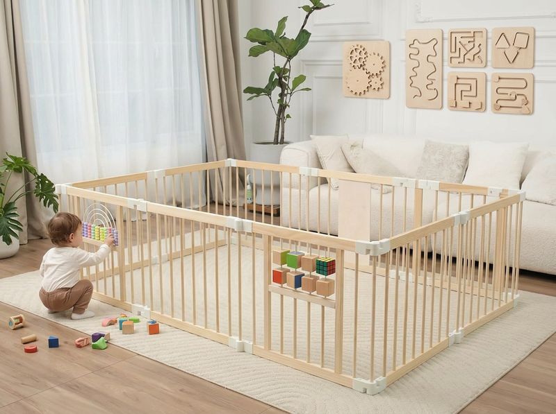 Close-up of a hinge connector mid-fold on the Ulnxiy 84-inch wooden playpen