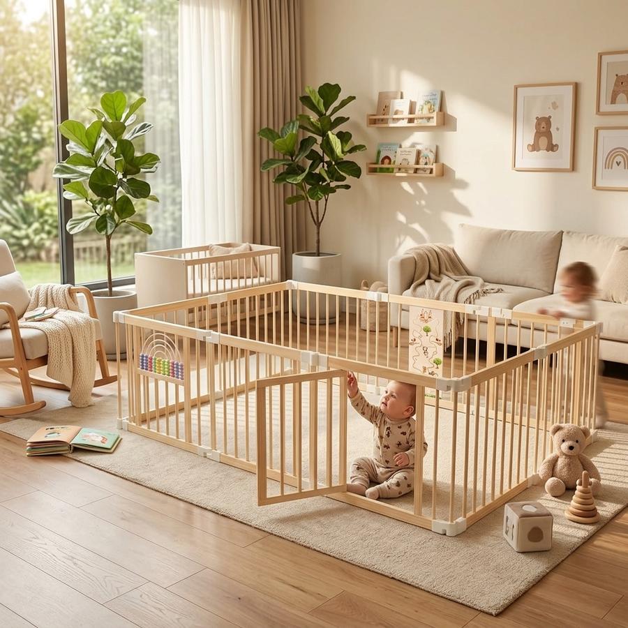 Baby reaching for a built-in spinning toy panel inside the Ulnxiy wooden playpen